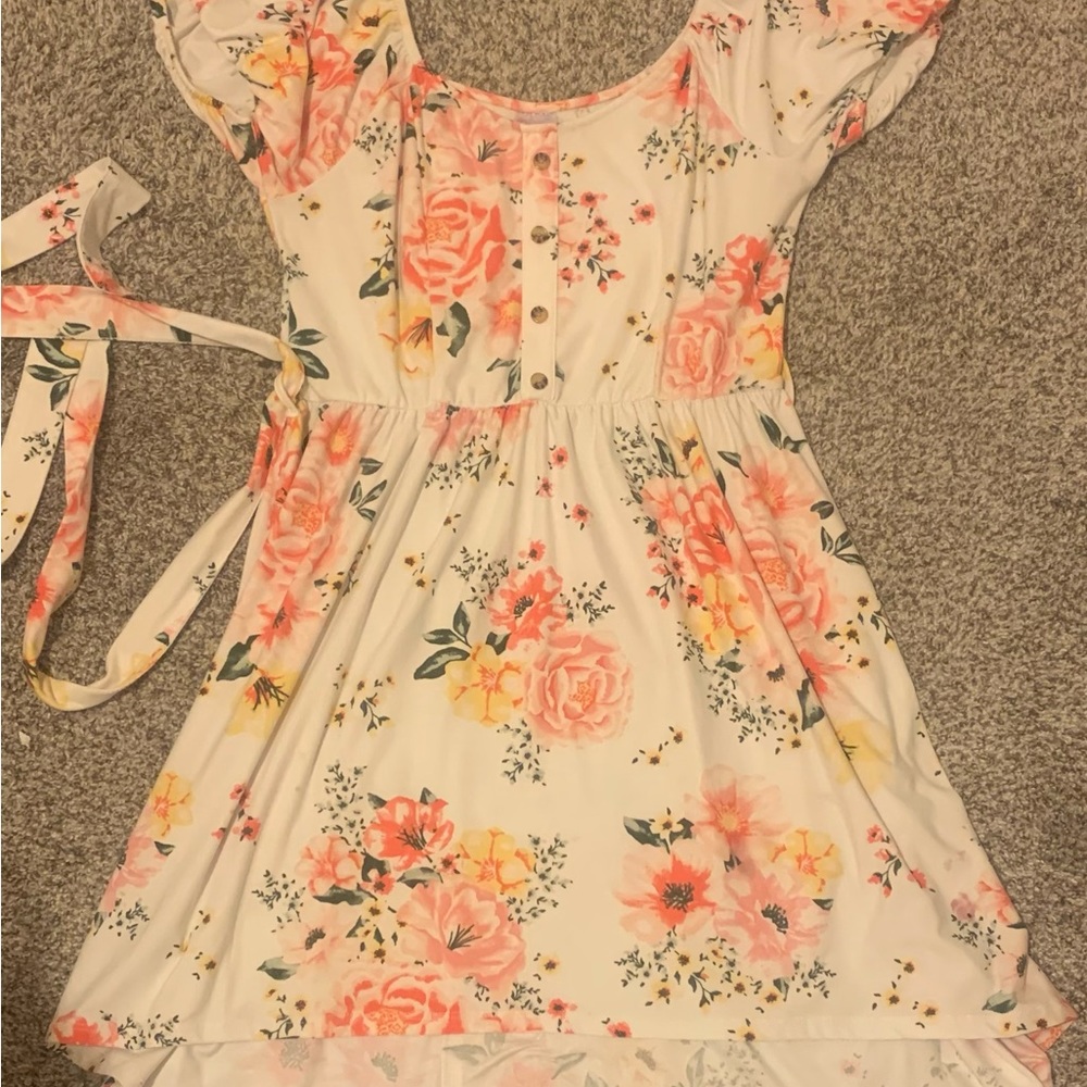 Floral Print Puff Off Shoulder Sleeve Knot Front Tie Waist Dress